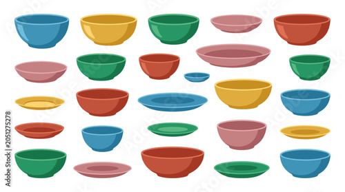 Colorful bowls and plates collection in flat vector style