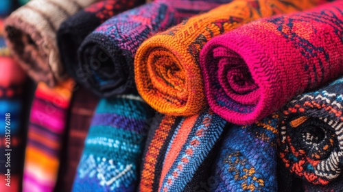 Vibrant handmade woven fabric scarves stacked together in a colorful display