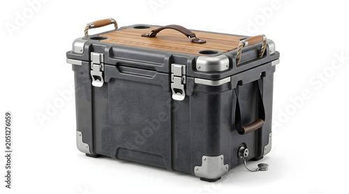 Professional Rugged Portable Outdoor Cooler Chest with Wooden Lid and Metal Reinforcements for Camping and Travel