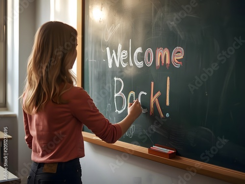 Teacher writing Welcome Back message on chalkboard in classroom