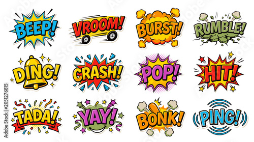 Vibrant hand drawn comic book sound effects bubbles