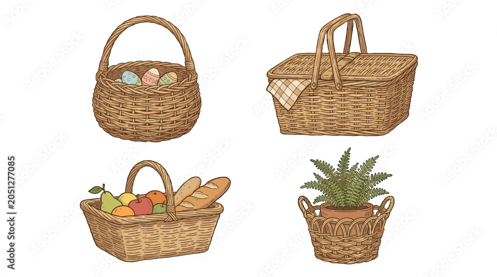 Obraz premium Set of hand drawn wicker baskets with food, eggs and plant