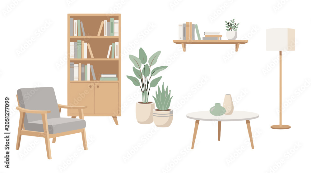 Fototapeta premium Modern living room furniture and decor vector set