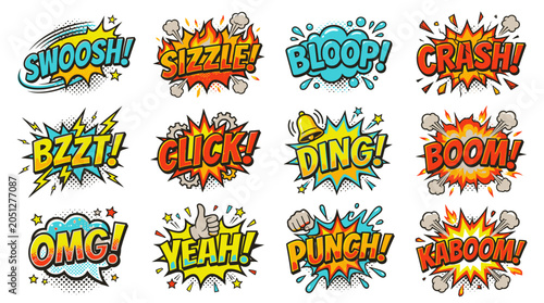 Vibrant explosion style comic book sound effect words.