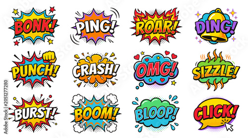 Vibrantly colored comic book onomatopoeia bubble set.