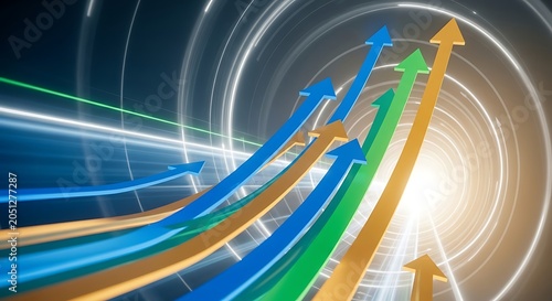 Colorful Arrows Rising in Progression Inside Bright Circular Tunnel