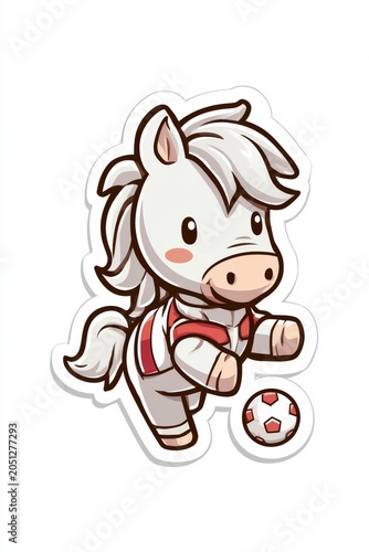Playful cartoon horse kicking soccer ball fun sports theme graphic art whimsical style close-up view for kids