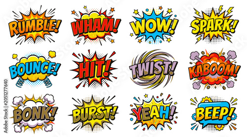 Vibrant mixed color comic book sound effect speech bubbles.