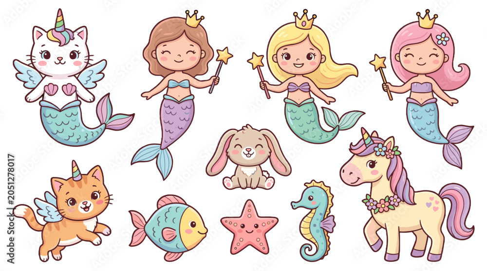 Fototapeta premium Cute fantasy characters and sea animals cartoon vector set