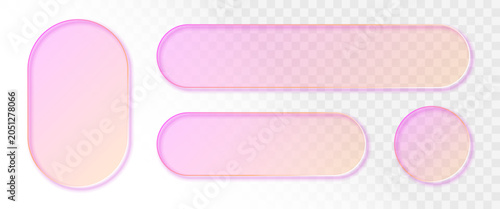 Glassmorphism capsule long frame set pink and orange gradient. Realistic transparent stadium shape glass button mockup. Frosted acrylic plastic effect background for ad, web design, digital poster.