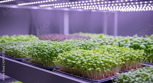 Hydroponic microgreens flourishing under vibrant grow lights in a vertical farming system, representing sustainable agriculture and healthy food production