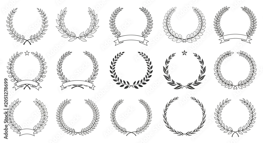 Fototapeta premium Laurel wreaths collection black and white vector illustration