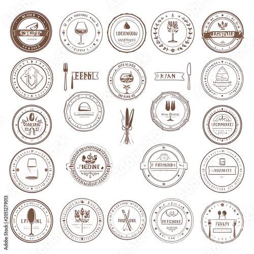 A collection of 20 brown and white circular food-themed icons