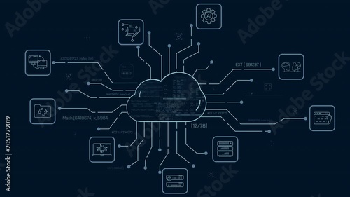 Infographics of a cloud computing network showing code and computation