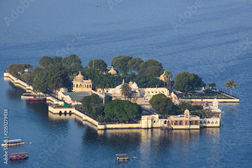 View of the City Palace, Lake Palace, Monsoon Palace, and Lake Pichola, Udaipur, Rajasthan, India