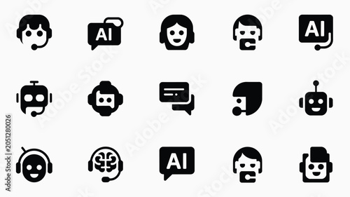 Minimalist black icon set showing various robotic customer support agents and ai symbols.
