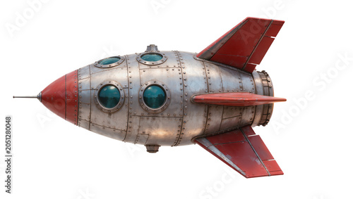 Retro silver and red rocket ship with porthole windows
