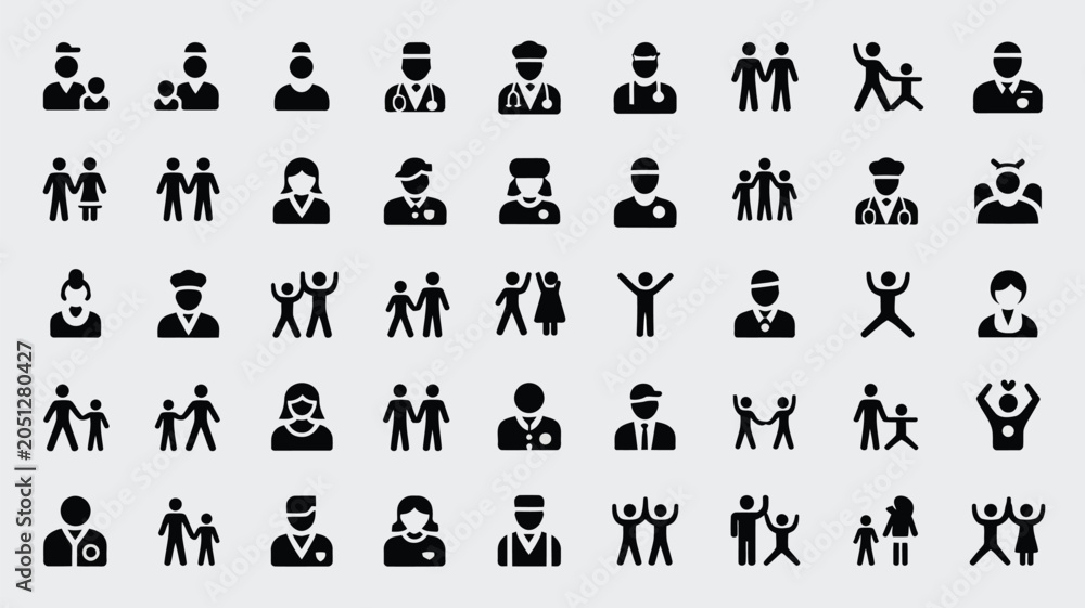Naklejka premium Collection of diverse people icons representing different professions and activities.
