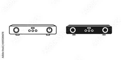 Schilderij op canvas Audio amplifier device front view in white and black outlines on a white backgro
