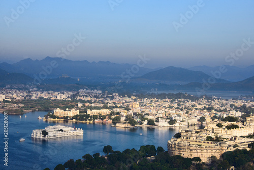 View of the City Palace, Lake Palace, Monsoon Palace, and Lake Pichola, Udaipur, Rajasthan, India