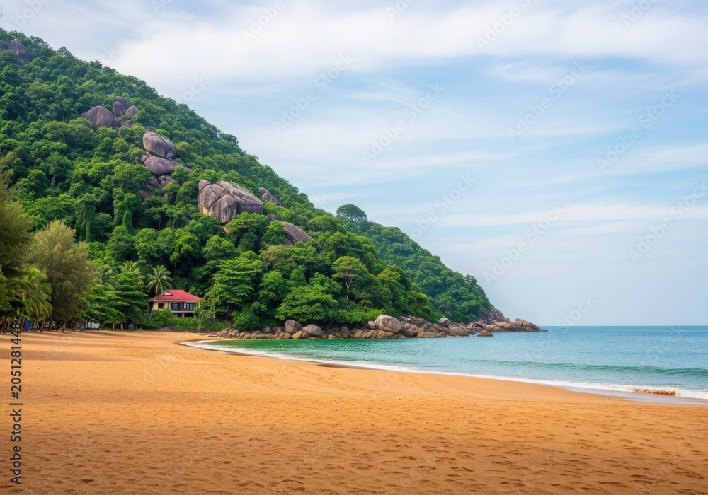 Fototapeta premium Beach landscape with tropical forest mountain and clear blue sky