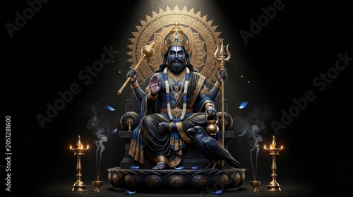 Majestic hindu deity shani dev seated on an ornate throne with a crow and lit oil lamps in a dark atmospheric setting featuring intricate gold details and glowing sacred geometry background elements