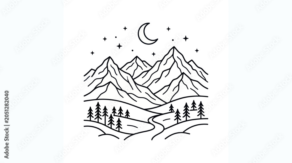 Obraz premium Minimalist Mountain Landscape Line Art with Moon and Stars