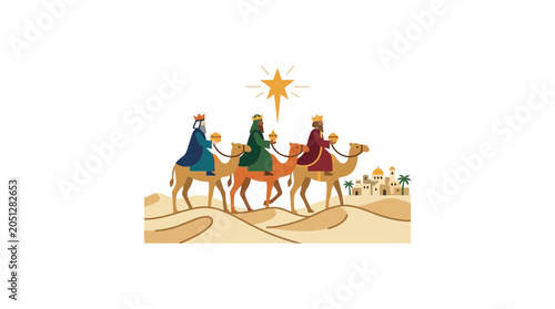 Foto Three Wise Men on Camels Following Star to Bethlehem