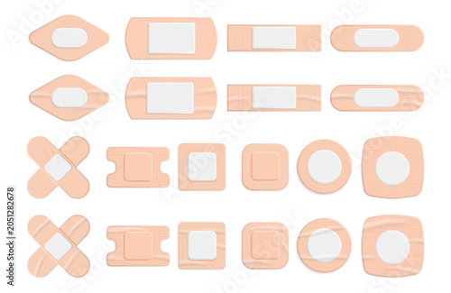 Realistic bandage set on skin with natural folds, adhesive details and healing pad. Vector rhombus and rectangle, oval and circle, cross and square shaped aid bands. Healthcare and protection