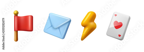 Tableau sur toile Visual shorthand in computer games, isolated cartoon flag and postal letter, lightning and playing card