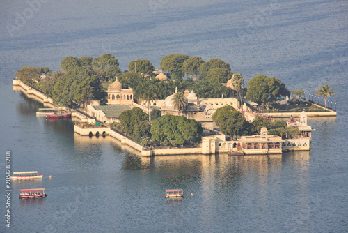 View of the City Palace, Lake Palace, Monsoon Palace, and Lake Pichola, Udaipur, Rajasthan, India