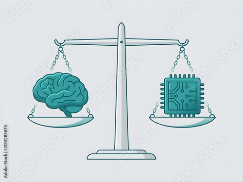 Teal brain and microchip on balanced scales with chains and teal outlines