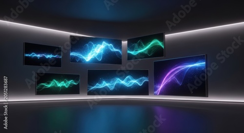 Modern television displays showcasing vibrant light wave visuals in a sleek setup