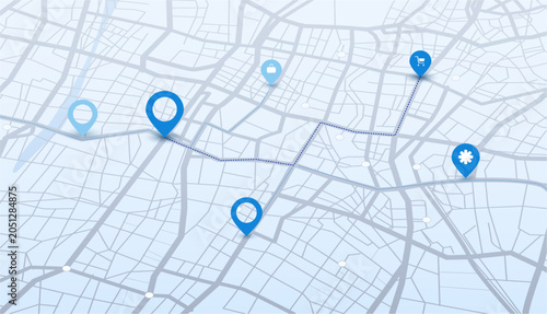 Cuadro en lienzo Map interface with location pins and connected route lines