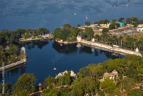 View of the City Palace, Lake Palace, Monsoon Palace, and Lake Pichola, Udaipur, Rajasthan, India