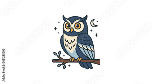 Foto Cute Cartoon Owl Sitting on a Branch Under the Night Sky.