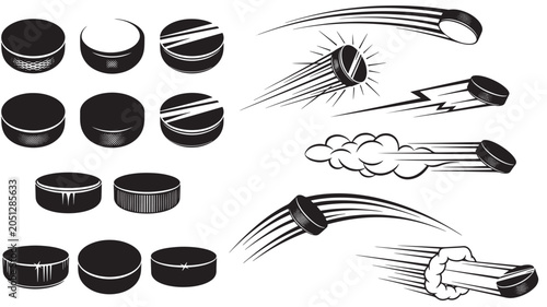 Canvas Print Hockey Puck Icons Vector Set with Black Curved Lines, Stick Hits, and Motion Spe