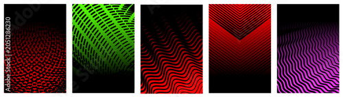 Abstract vector poster set with linear gradients and geometric distortion patterns, Minimalist halftone artwork visual transformation and dynamic motion ornament with transition effect, kit 2