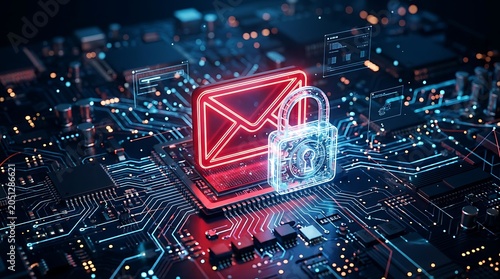 Digital Privacy and Cybersecurity Concept with Locked Message Envelope on Futuristic Computer Microchip