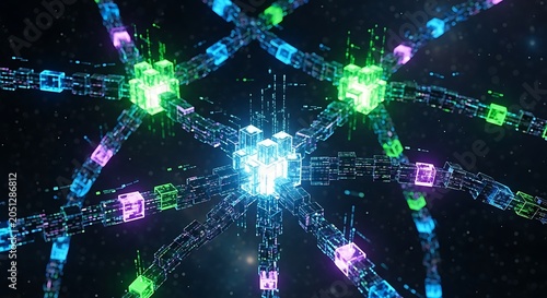 Futuristic Neon Cube Network with Glowing Nodes in Space