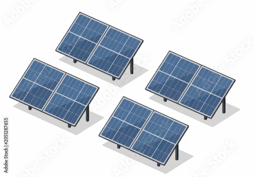 Four Solar Panels Arranged In A Group On White Background.
