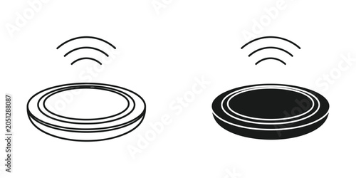 Wireless charging pad icon in outline and solid styles on white background for technology concepts
