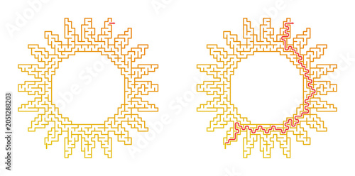 Fotografija Maze game grid in sun shape design with orange-yellow coloration  Labyrinth with