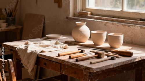 Handmade shop display of generic tools ceramic pieces worktable commercial
