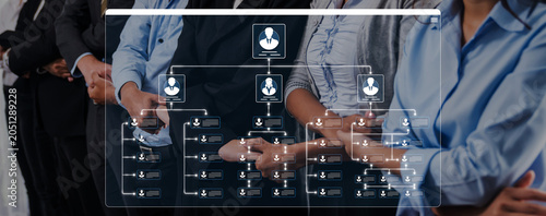 Canvas Print Business team collaborating on organizational structure with digital interface s