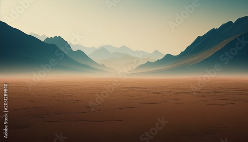 Minimal Foggy Landscape With Barren Ground And Distant Mountains