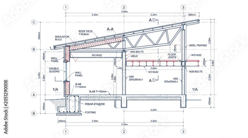 Fotografie Architectural Blueprint Section Drawing of Building Structure with Dimensions