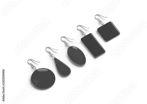 Blank black single earring mockup lying, different shapes, side view, 3d rendering. Empty precious ear spike for lady jewels mock up, isolated. Clear bijou accessory various shape hoops template.