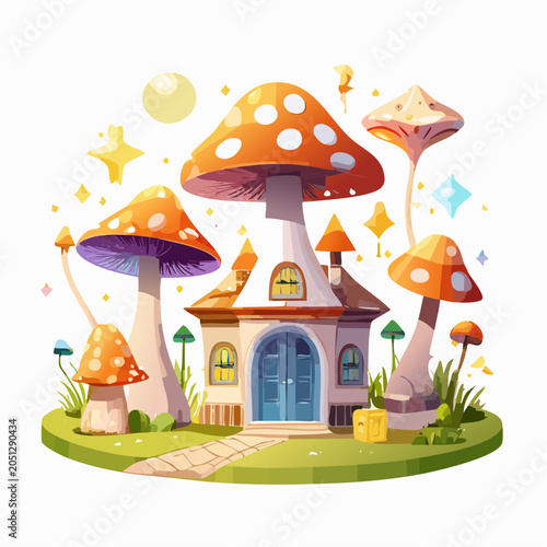 Enchanted mushroom house nestled in a whimsical, magical forest clearing with stars