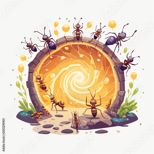 Ants surrounding a glowing portal in a whimsical illustration